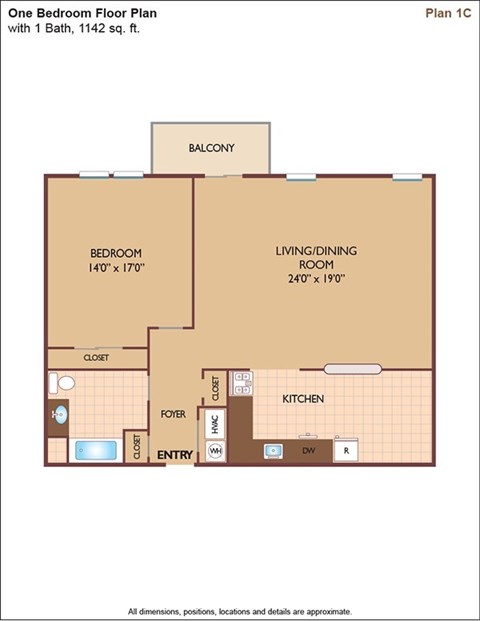 Floor plan for 1 bed, 1 bath, 1142 sqft